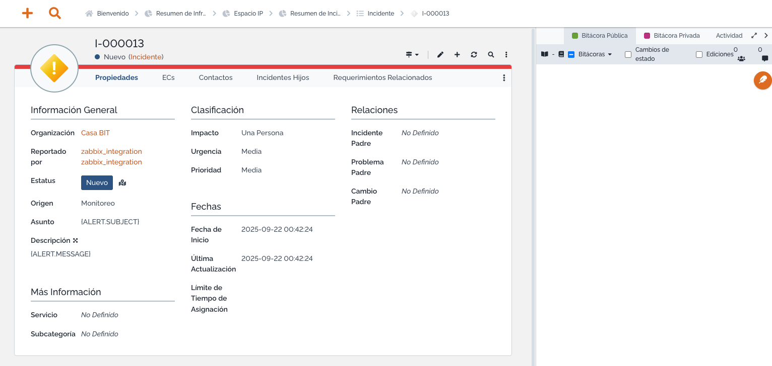 (Ejemplo de integración) Incidente desde monitoreo levantado en iTop